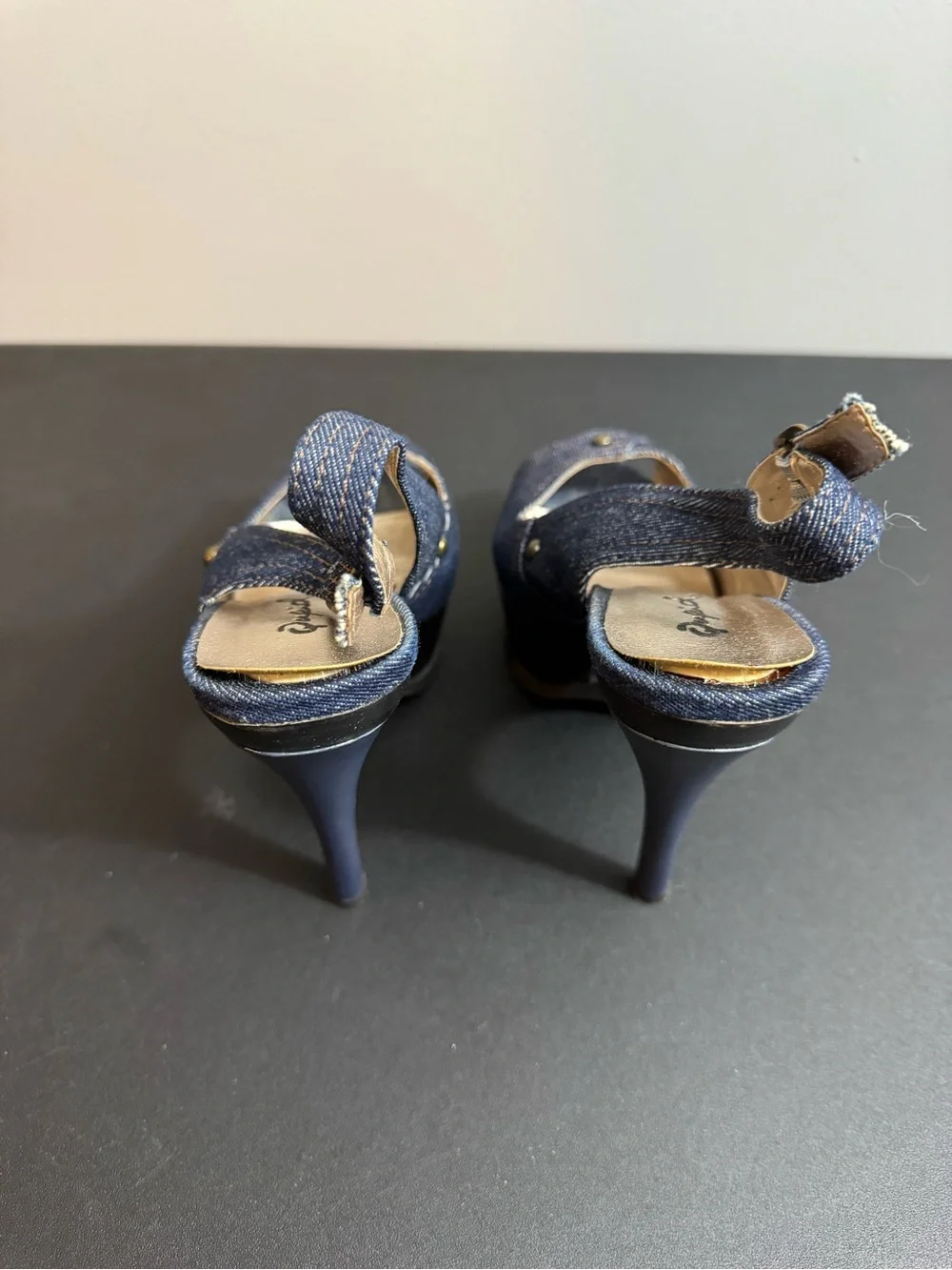 Qupid Denim Peep-Toe Slingback Wedges - Blue